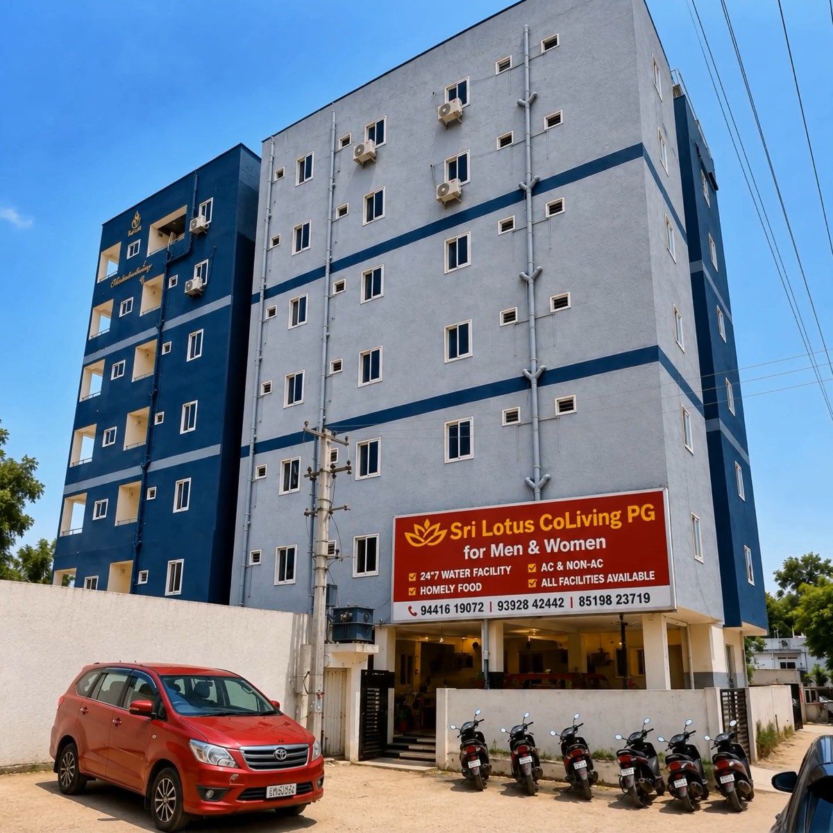 The Sri Lotus Co-Living PG building in Gowlidoddi, Hyderabad, seen from the street